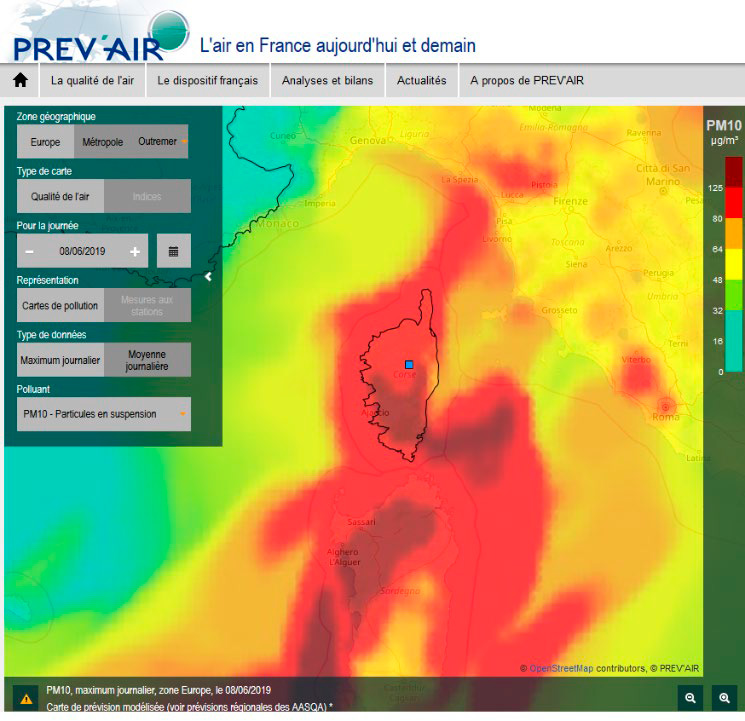 Episode de pollution en Corse - Modèle de prévisions de la qualité de l'air pour la journée du 8 juin 2019 (source : PREV'AIR)