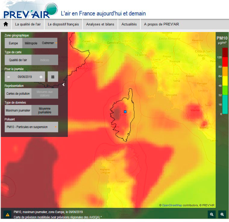 Episode de pollution en Corse - Modèle de prévisions de la qualité de l'air pour la journée du 9 juin 2019 (source : PREV'AIR)