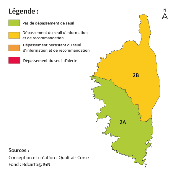 Carte - épisode de pollution atmosphérique - Haute-Corse : dépassement du premier seuil / Corse-du-sud : pas de dépassement