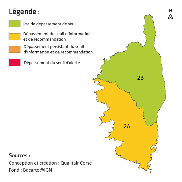 Carte - épisode de pollution atmosphérique - Haute-Corse : pas de dépassement / Corse-du-sud : dépassement du premier seuil